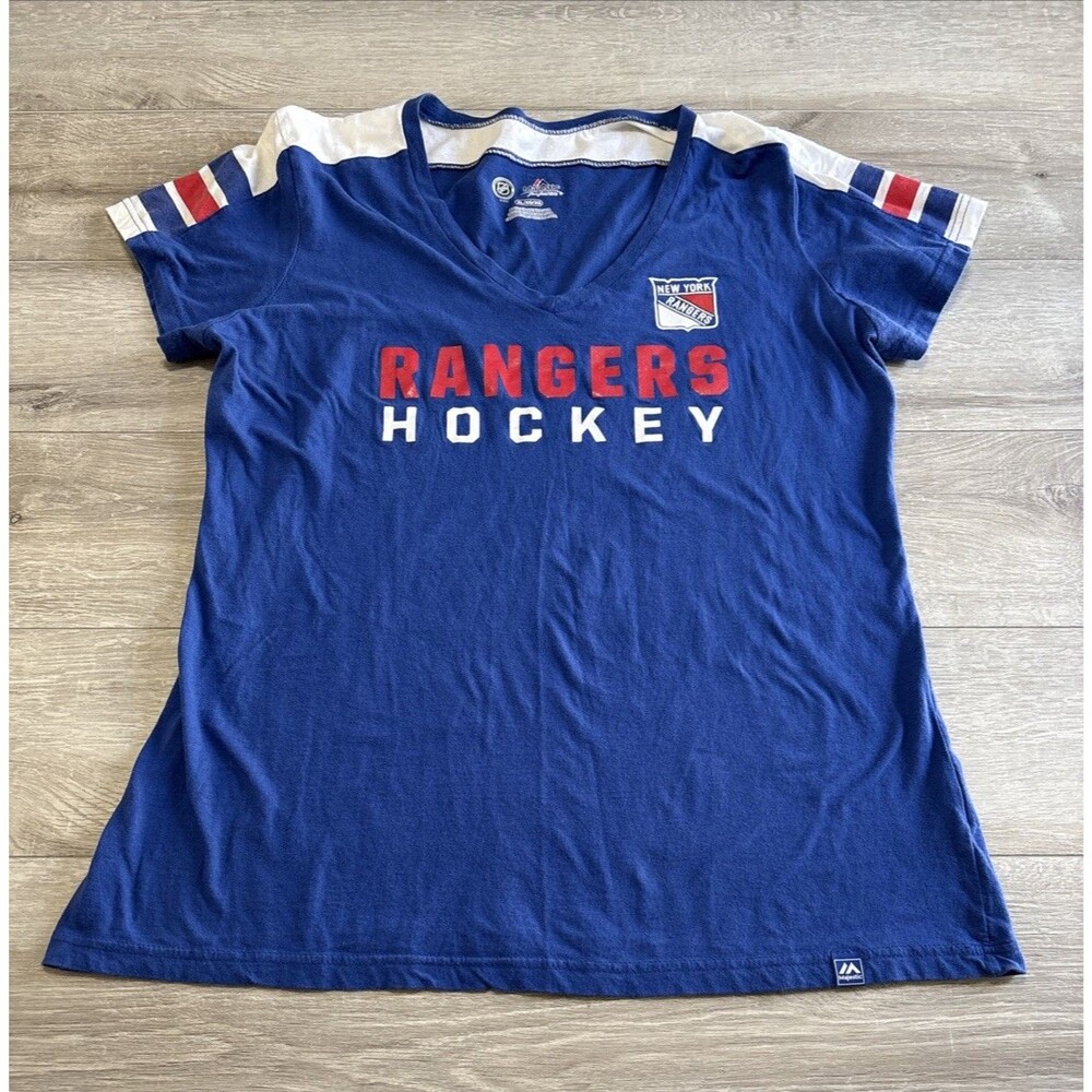 Majestic Fan Fashion Women's New York Rangers V Neck T Shirt NHL Hockey Blue XL